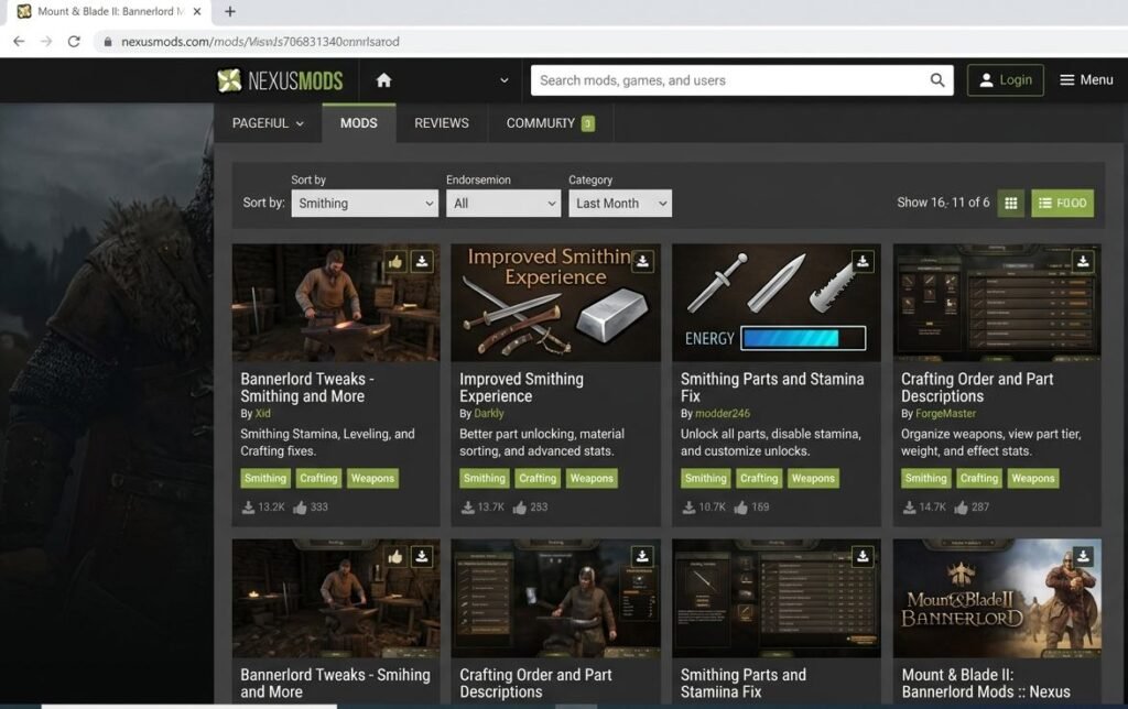 Nexus Mods page showing Mount and Blade 2 Bannerlord smithing unlock mods