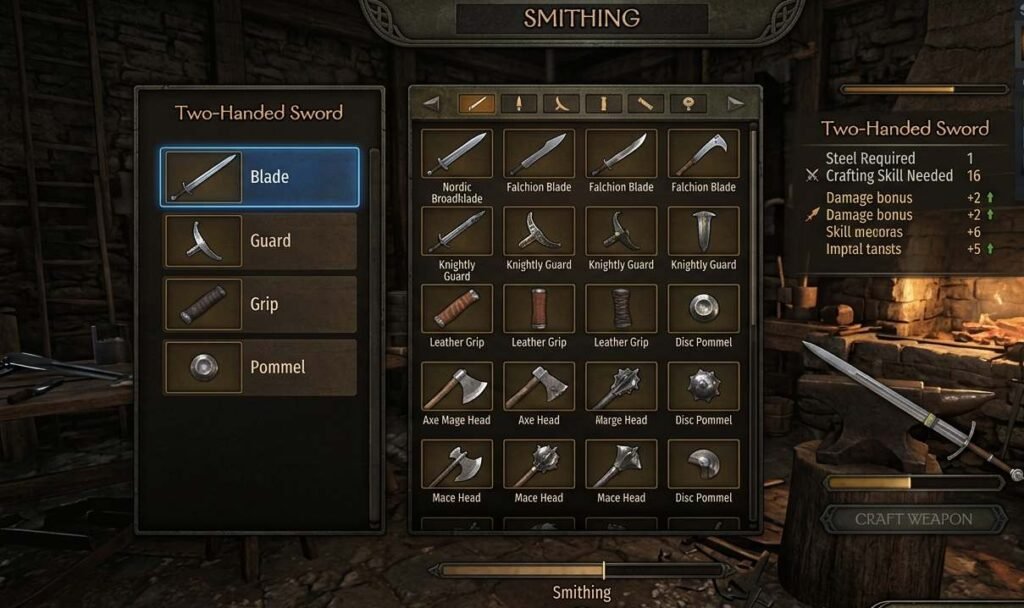 Mount and Blade 2 Bannerlord smithing workshop interface showing weapon crafting parts panel