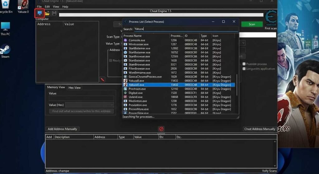 Cheat Engine application attached to Yakuza 0 process on PC desktop