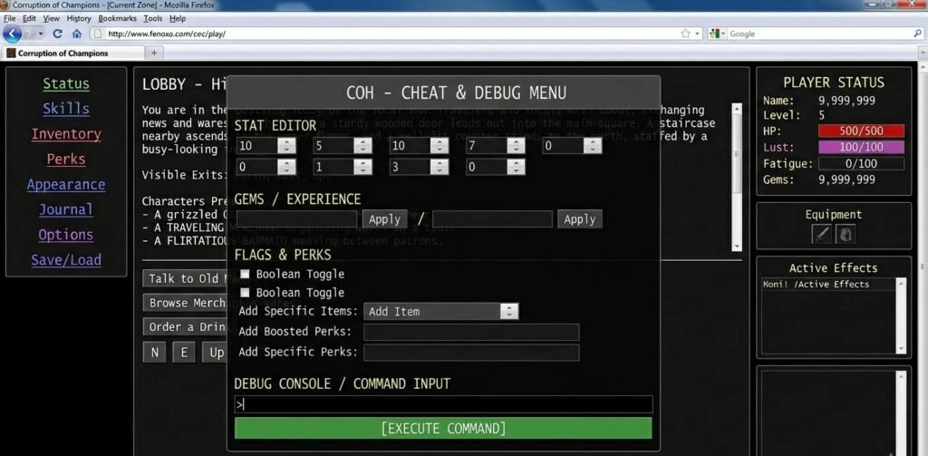 Corruption of Champions cheat mode menu showing stat editing options