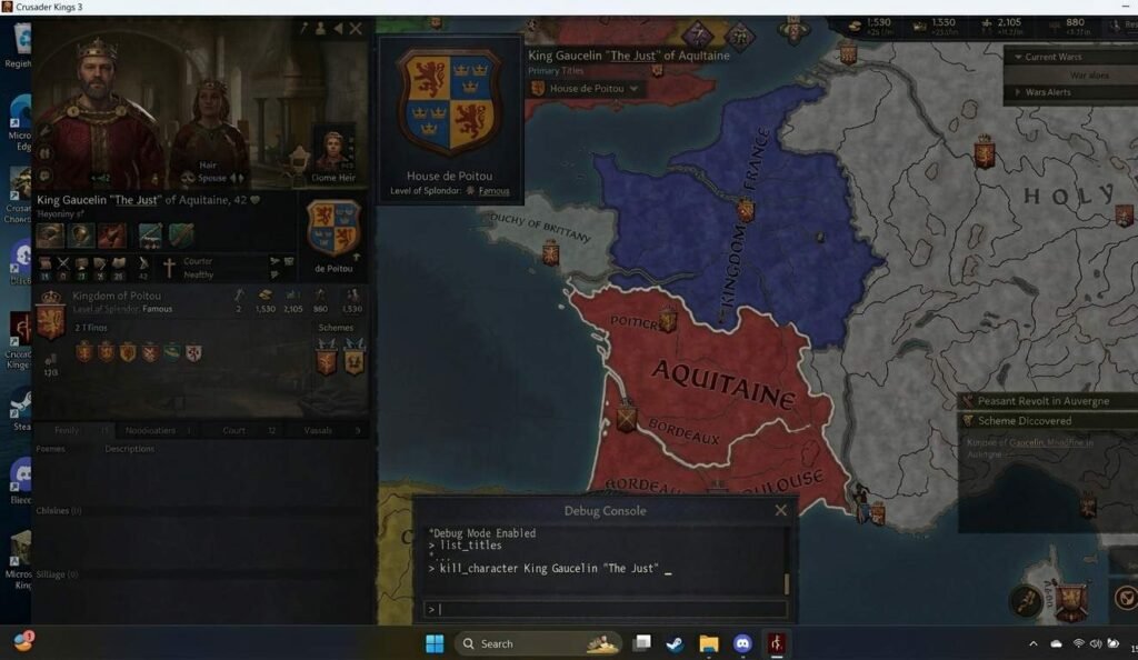 Crusader Kings 3 debug console open showing command input field