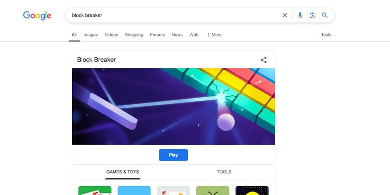 
Google Block Breaker game appearing in Google Search results on desktop

