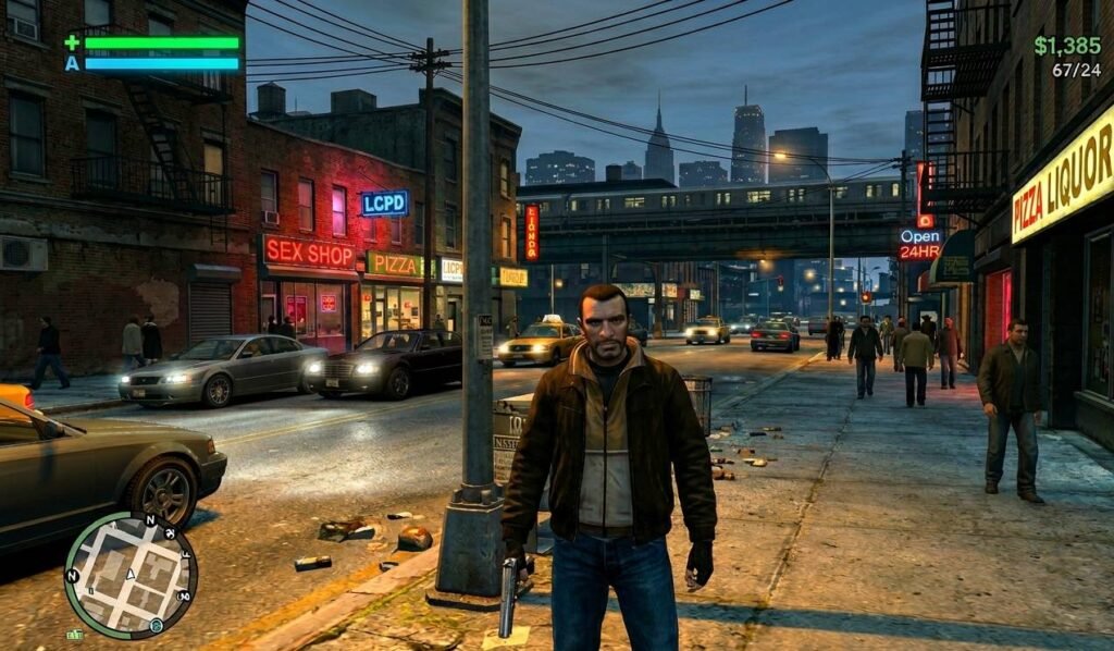 GTA IV gameplay showing Niko with full health and armor HUD bars in Liberty City
