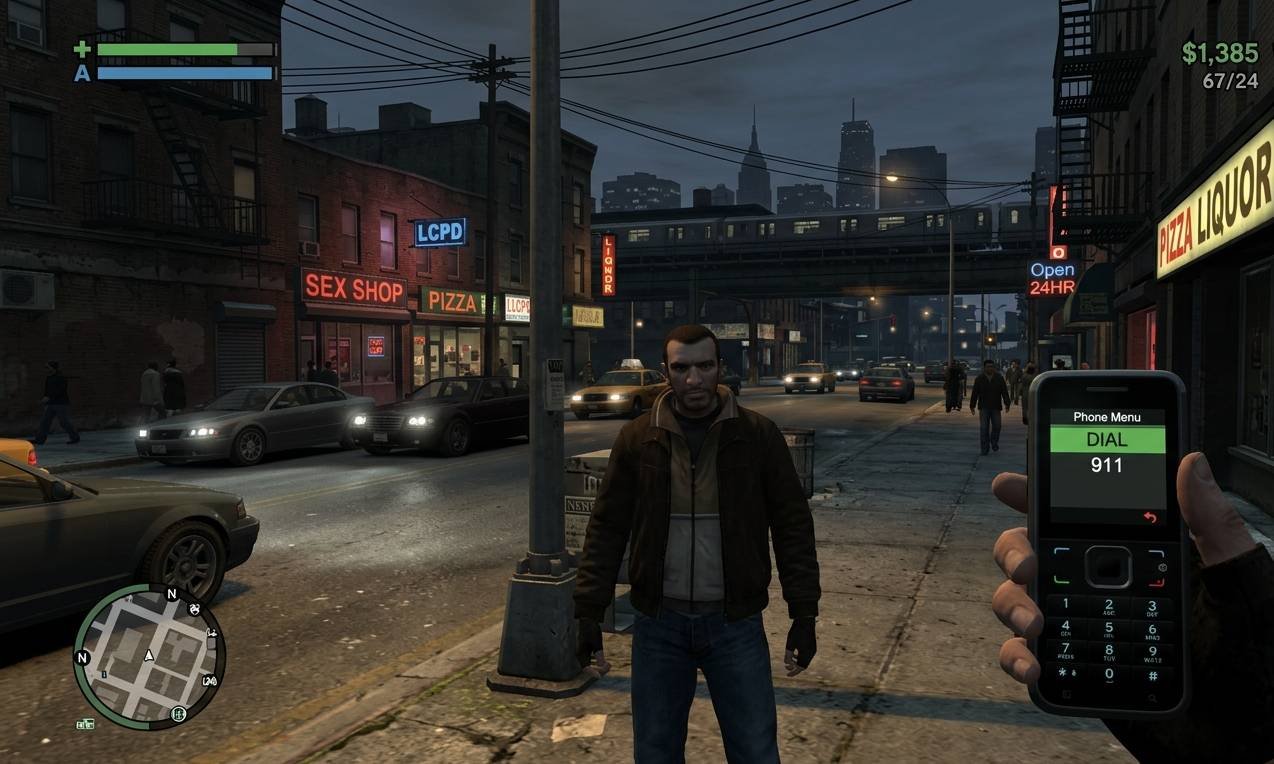 GTA IV Niko holding his in-game phone with dial pad open to enter cheat codes