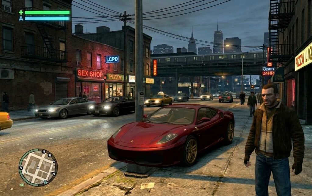 GTA IV vehicle spawn cheat showing sports car on Liberty City street