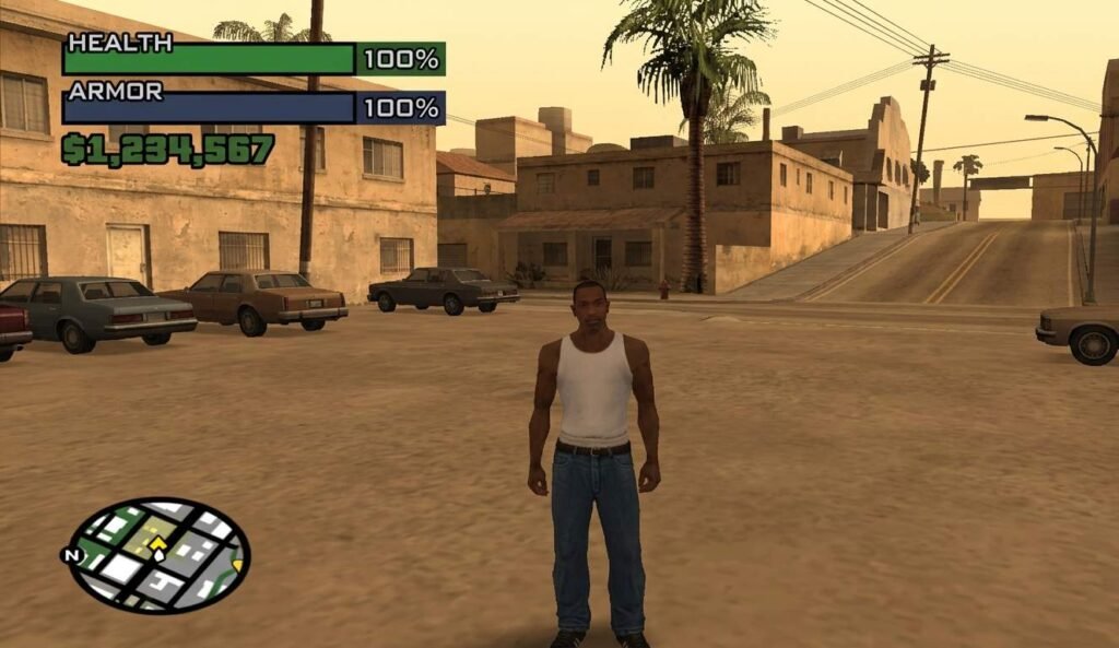 GTA San Andreas PS2 gameplay showing CJ with health and armor HUD bars