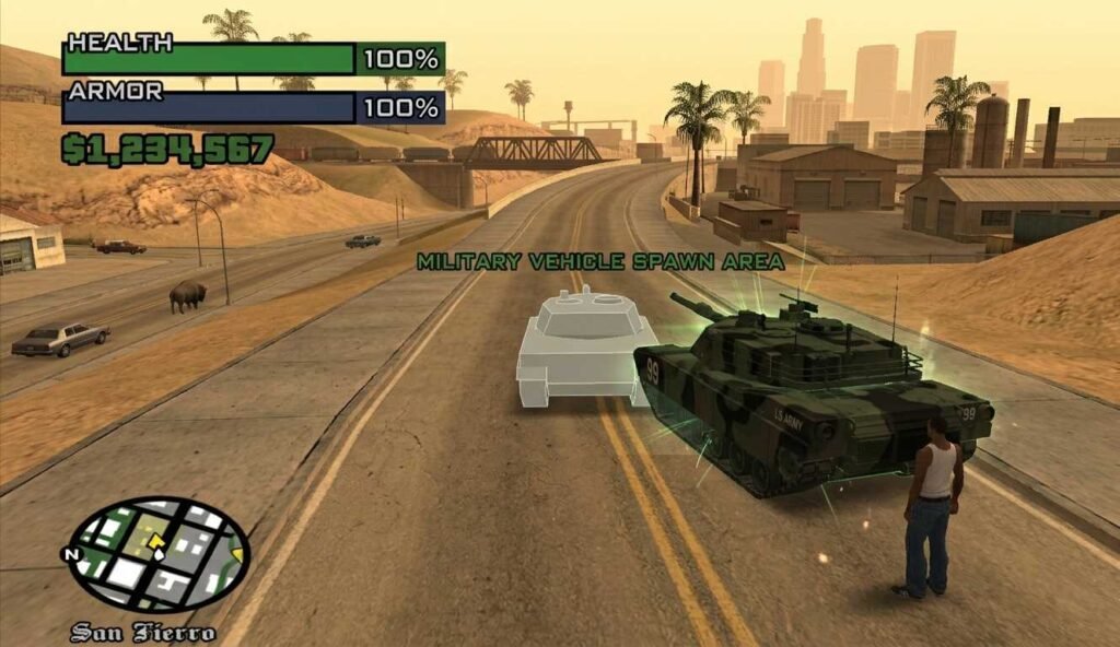 GTA San Andreas PS2 vehicle spawn cheat showing tank on road