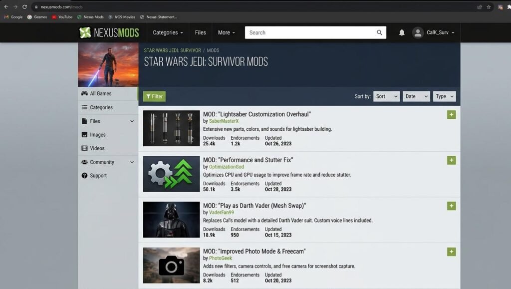 Nexus Mods page showing Star Wars Jedi Survivor cheat mods available for download