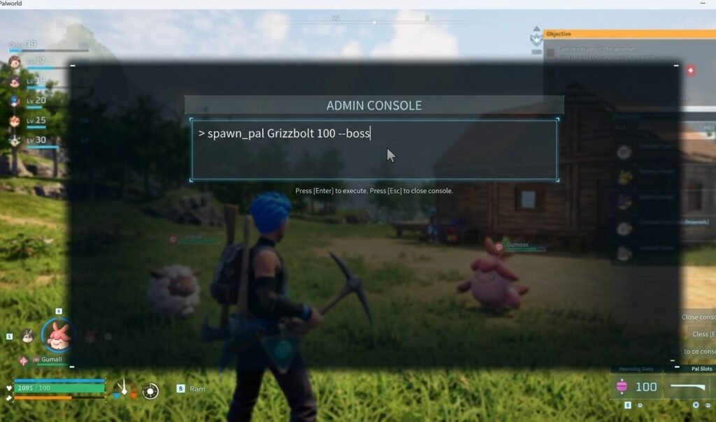Palworld admin console command input field open in-game