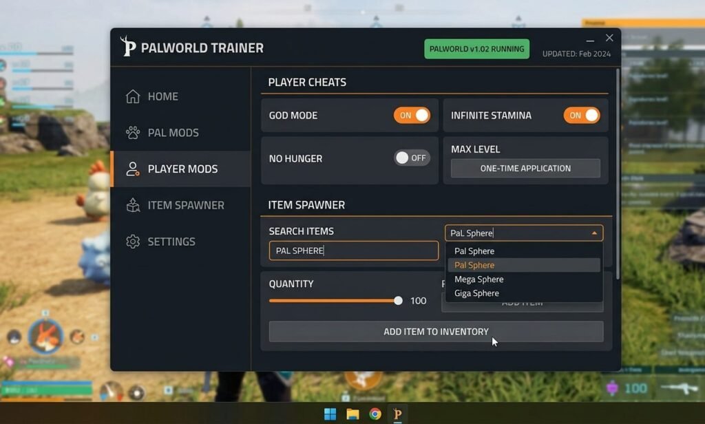 Palworld PC trainer interface showing cheat toggle options for offline play
