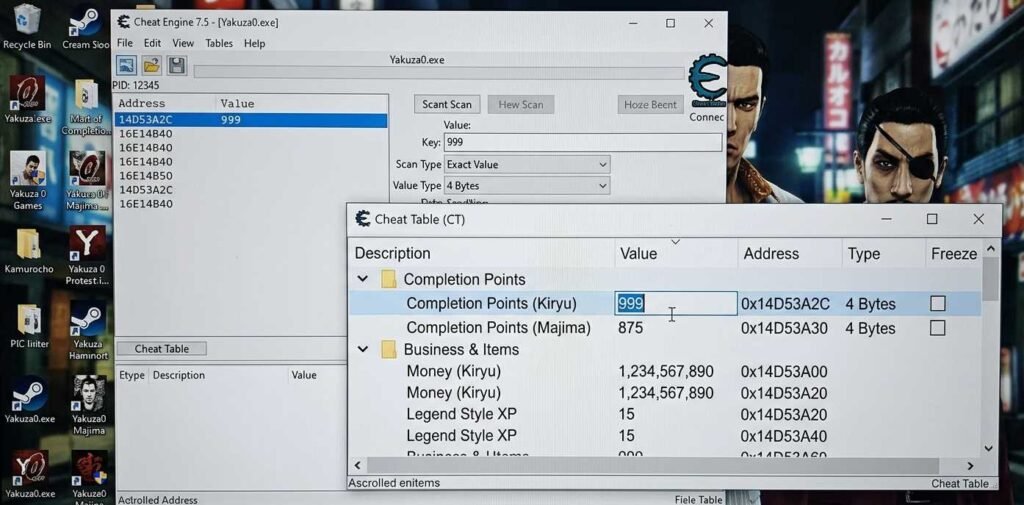 Yakuza 0 Cheat Engine table showing Completion Points address and editable value field