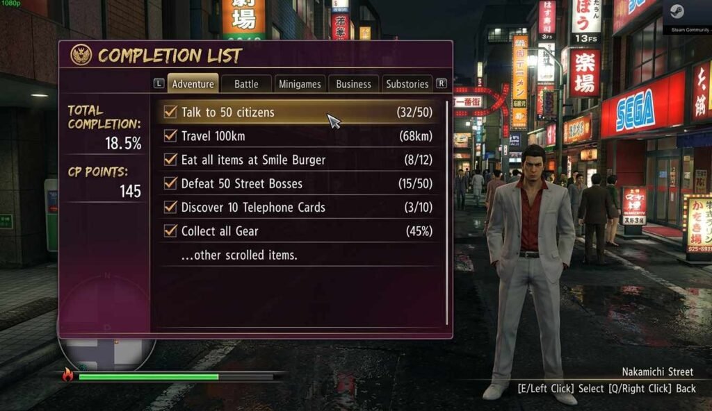 Yakuza 0 completion list menu showing substories and completion points on PC